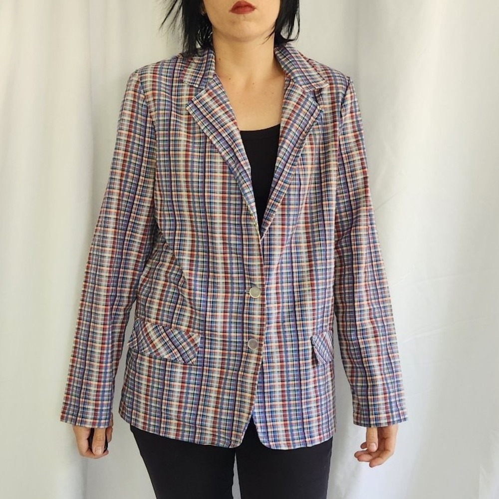 80s Blue and Red Plaid Blazer